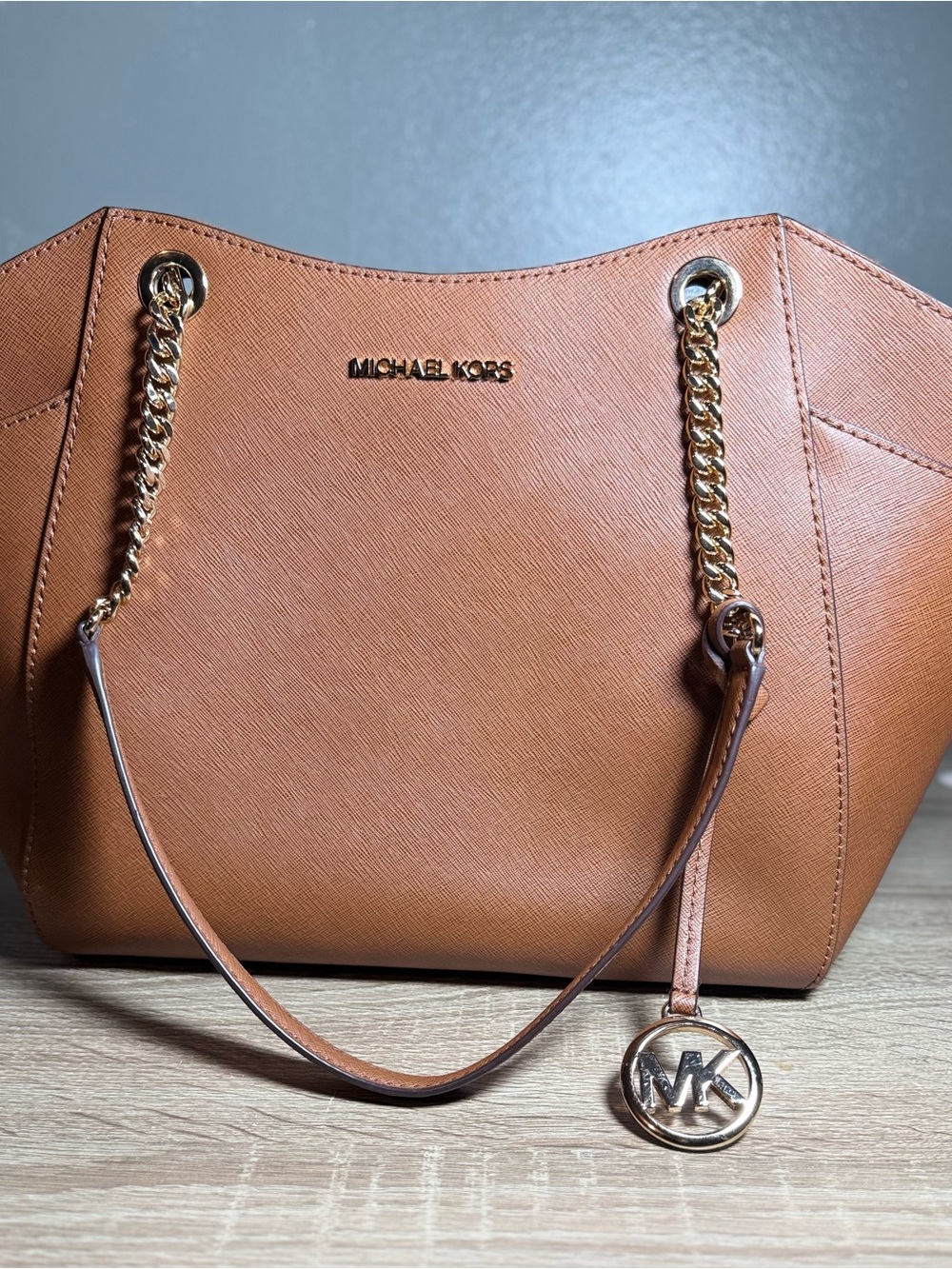 Michael Kors Cognac Saffiano Leather Chain-Handle Tote